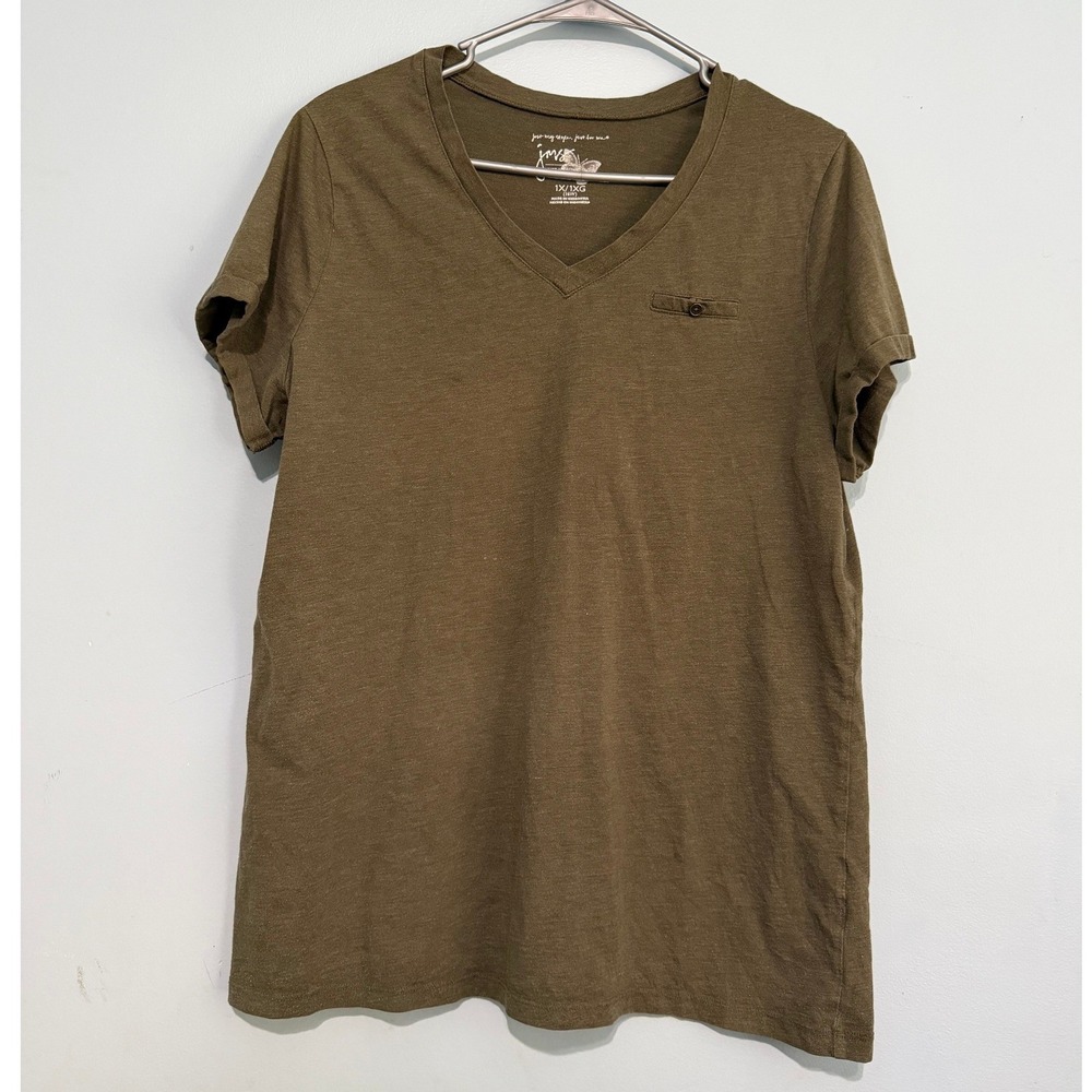 Just My Size Womens 1X 16W Olive Green V-Neck T-Shirt Short Sleeve Pocket Tee